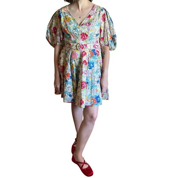 Zimmermann Clover Belted Linen Floral Fit & Flare Puff Sleeve Dress Size 1 US 4 - Picture 4 of 7